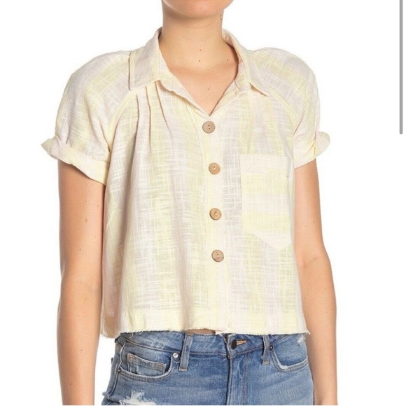 FREE PEOPLE Top Linen Woven Away at Sea Stripe Top Small S boxy Knit - Picture 12 of 12